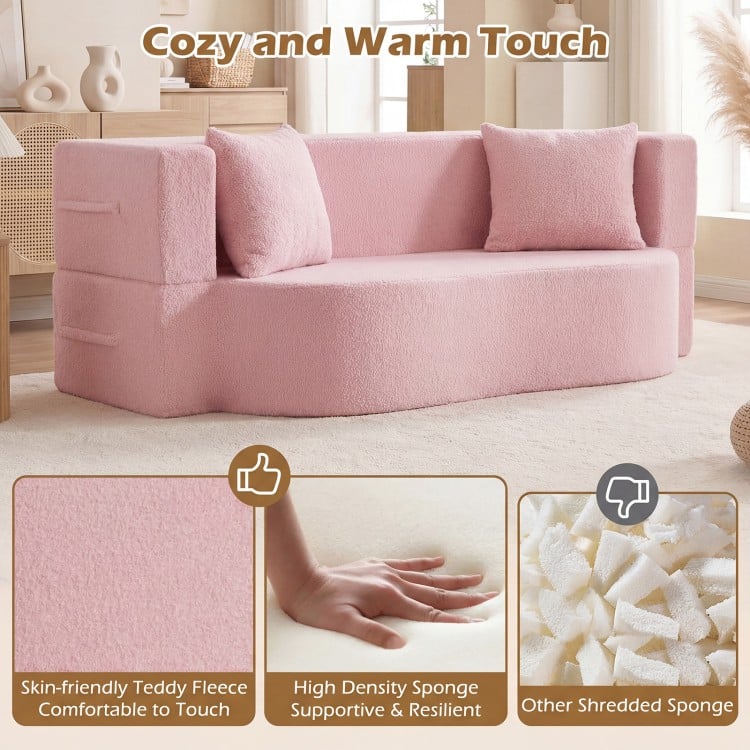 75.5 inch Folding Sofa Bed 2-in-1 Convertible Teddy Fleece Floor Loveseat with 2 Comfortable Pillows-Pink