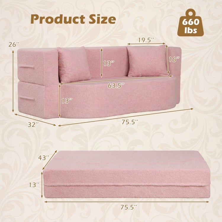 75.5 inch Folding Sofa Bed 2-in-1 Convertible Teddy Fleece Floor Loveseat with 2 Comfortable Pillows-Pink