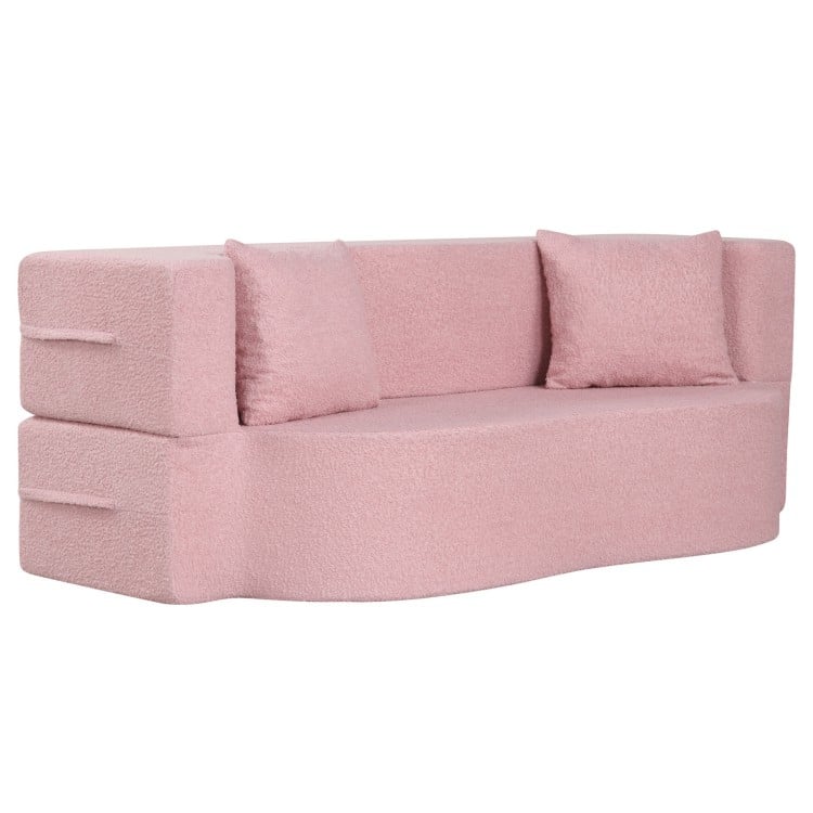 75.5 inch Folding Sofa Bed 2-in-1 Convertible Teddy Fleece Floor Loveseat with 2 Comfortable Pillows-Pink