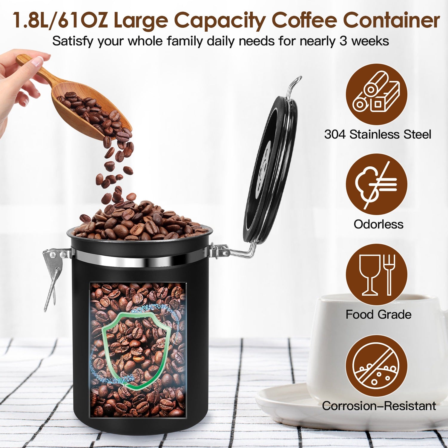 61OZ Stainless Steel Coffee Container With Scoop Date Month Tracker Airtight Coffee Canister For Coffee Beans Grounds Tea Sugar Nut Candy Flour 