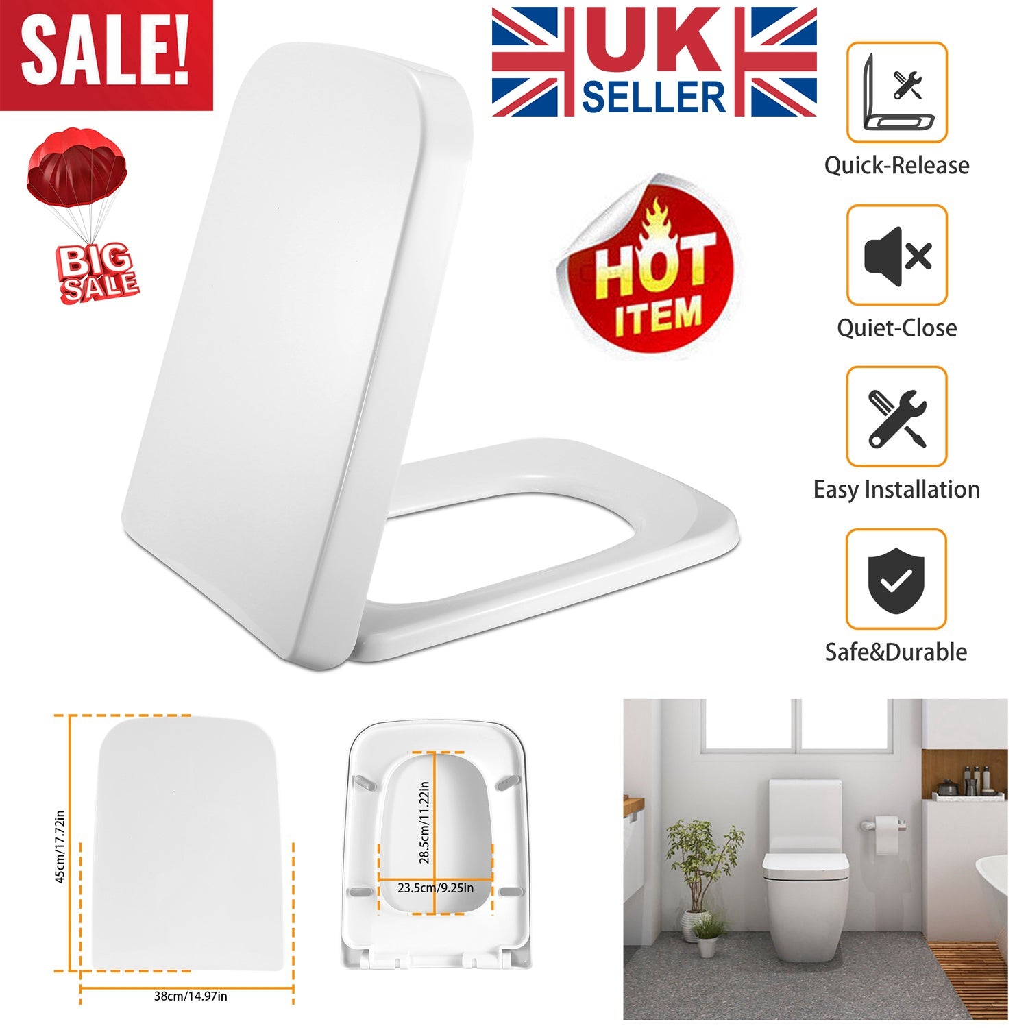 Square Toilet Seat with Grip-Tight Seat Bumpers Heavy-Duty Quiet-Close Quick-Release Easy Cleaning White UK 