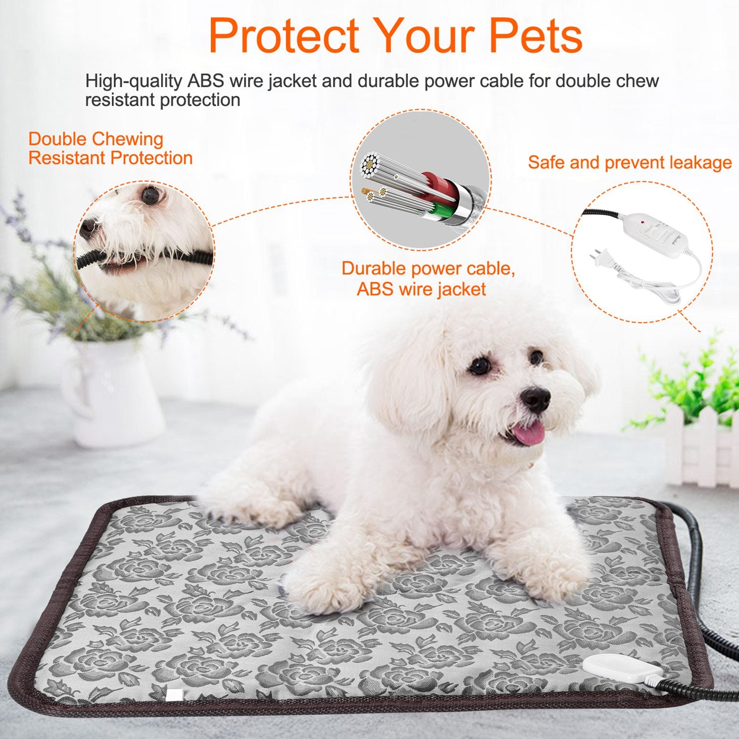 Pet Heating Pad Dog Cat Electric Heating Mat Waterproof Adjustable Warming Blanket with Chew Resistant Steel Cord Case