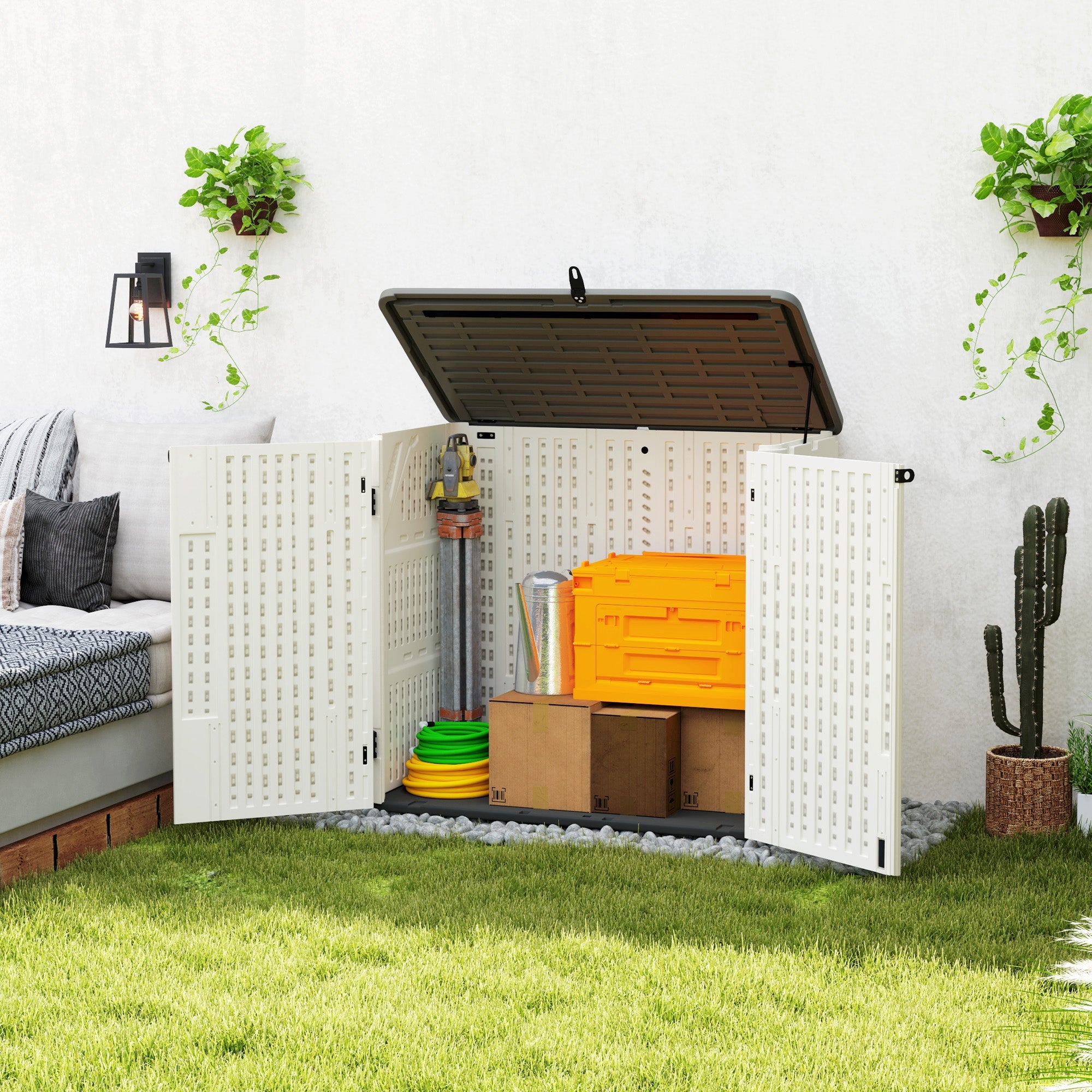 Outsunny 185 Gallon Outdoor Storage Cabinet with Openable Top and Lockable Doors for Lawnmower, Trash Can, Patio Accessories 
