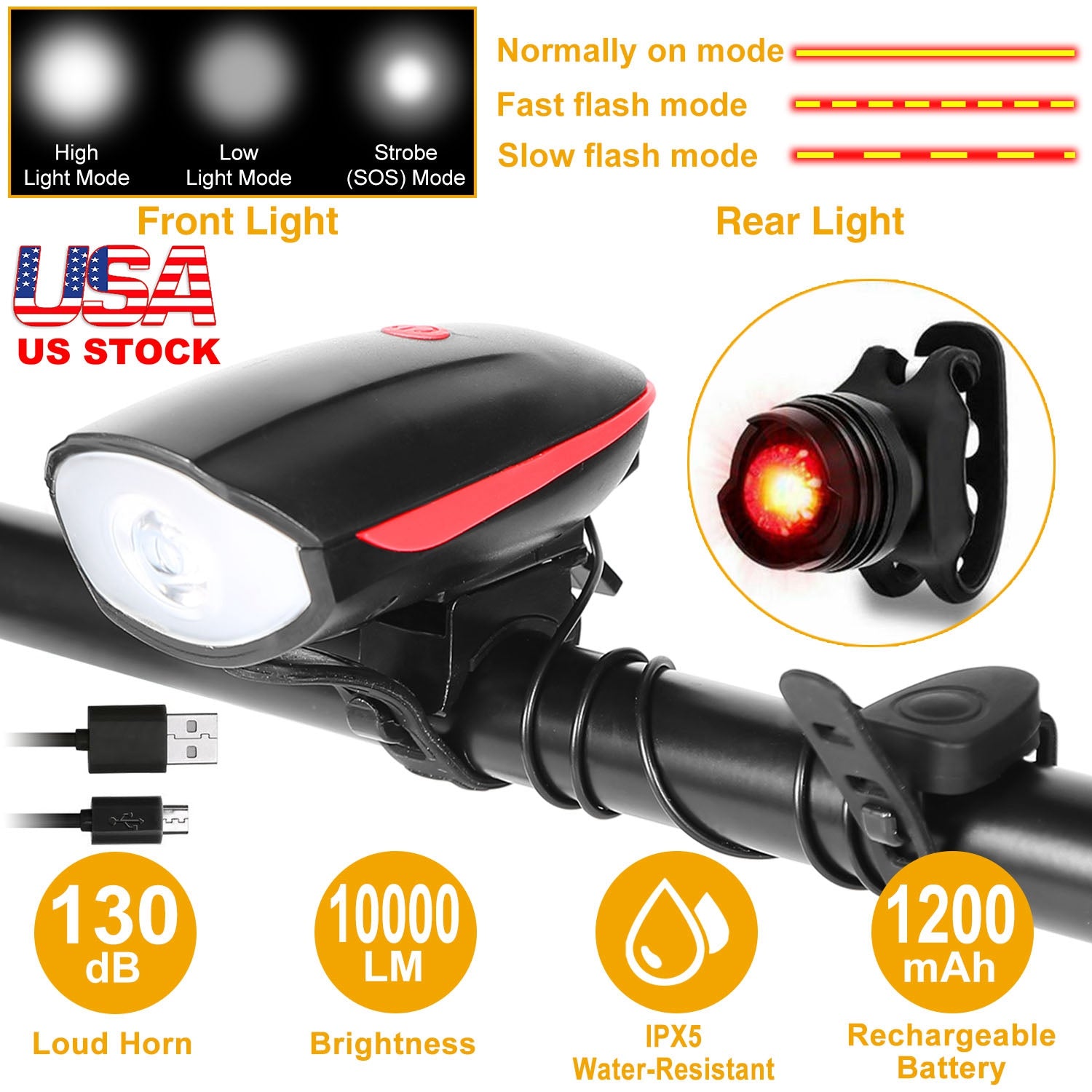 10000lm Bike Headlight USB Rechargeable LED Bicycle Front Light Rear Tail Light with 130dB Loud Horn 