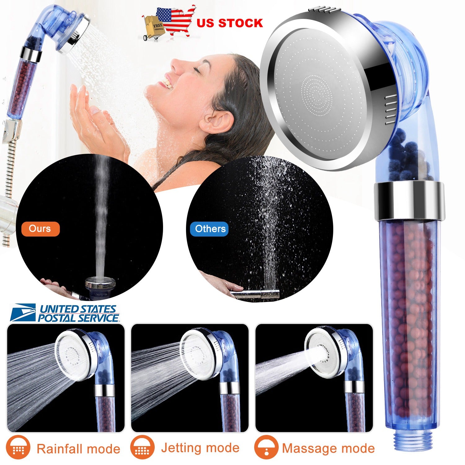 Ionic Filtration Shower Head High Pressure 3 Mode Stone Water Saving Bath Handheld Shower