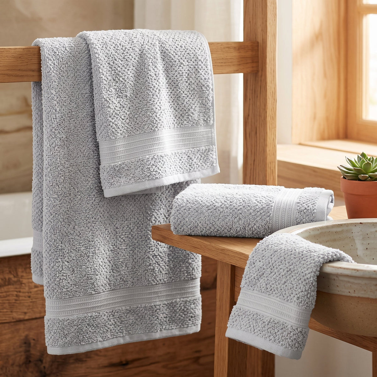 Bath Towel Set, 3 Pieces, 100% Cotton, Textured – Bath Towel, Hand Towel and Washcloth