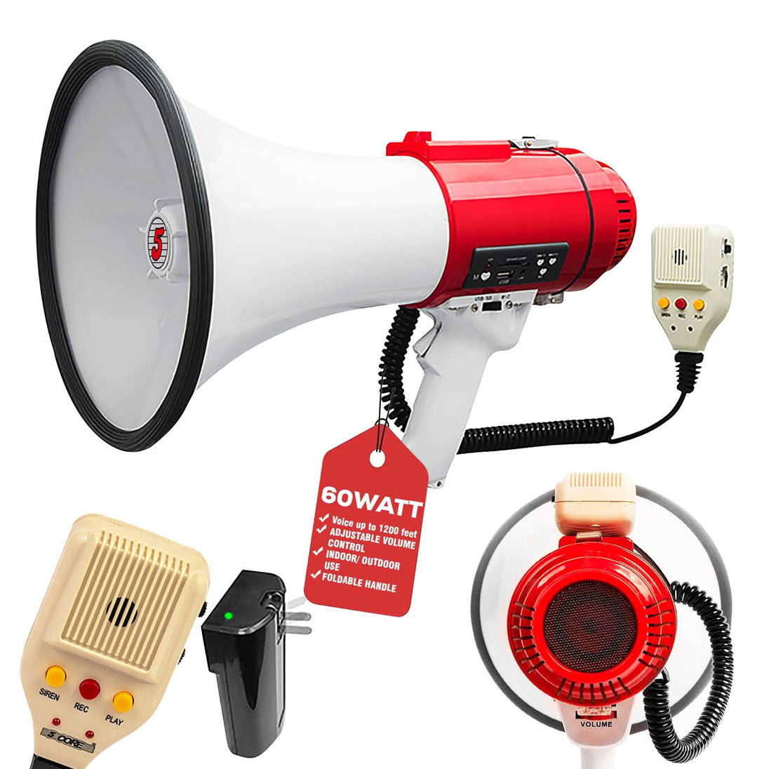 5Core Megaphone Bullhorn Speaker Pro 60W Bull Horn Rechargeable Cheer Megafono