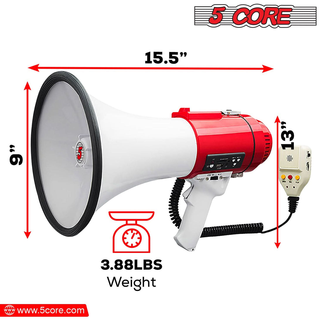 5Core Megaphone Bullhorn Speaker Pro 60W Bull Horn Rechargeable Cheer Megafono