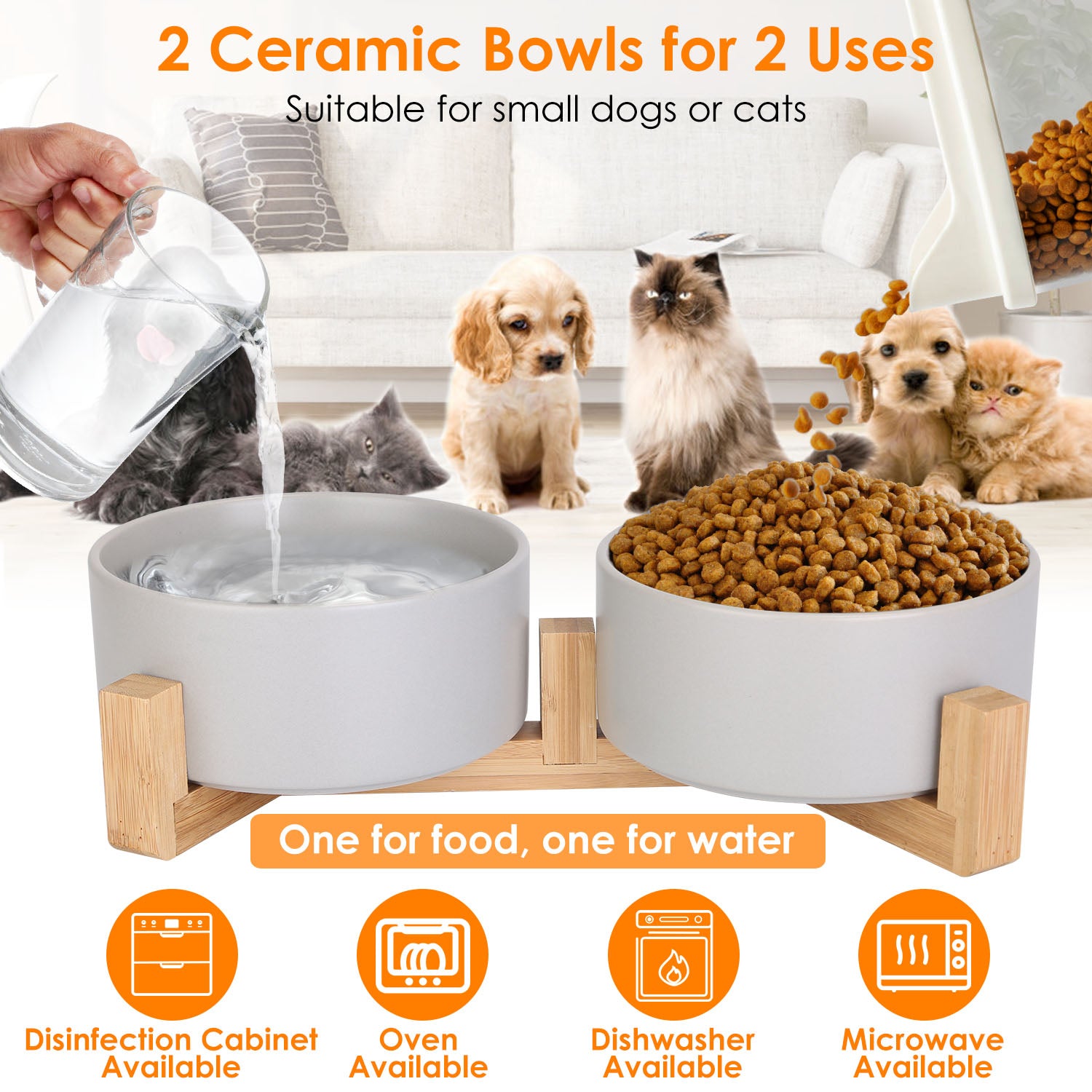 Double 28.7Oz Ceramic Pet Bowls Dog Cat Bowls with Wooden Stand Raised Pet Feeder for Small Dogs Cats 