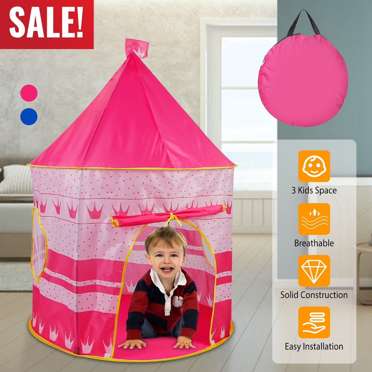 Kids Play Tent Foldable Pop Up Children Play Tent Portable Baby Play House Castle W/ Carry Bag Indoor Outdoor Use 