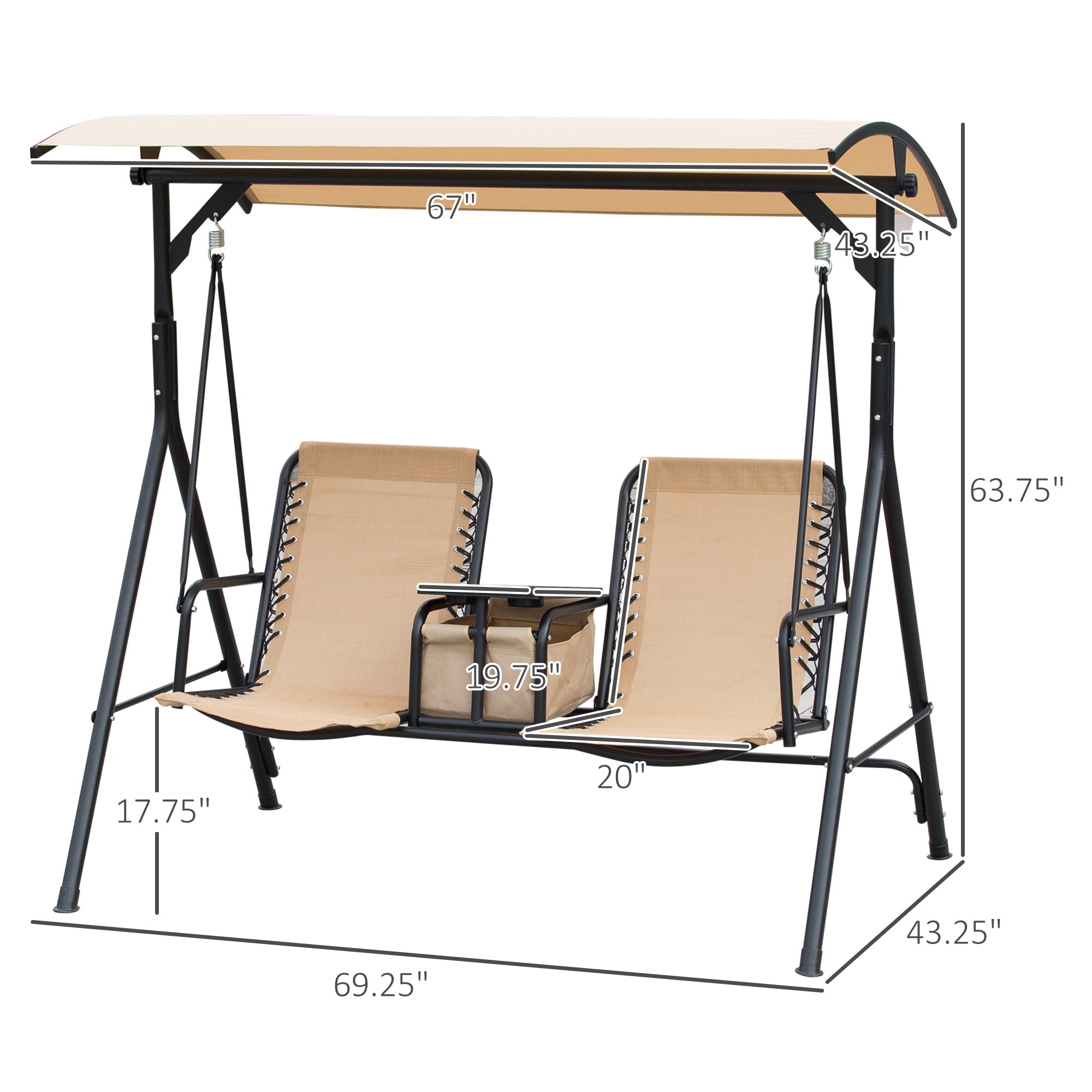 Outsunny Porch Swing: 2-Person Covered Swing with Pivot Table Cup Holder Adjustable Canopy Beige 