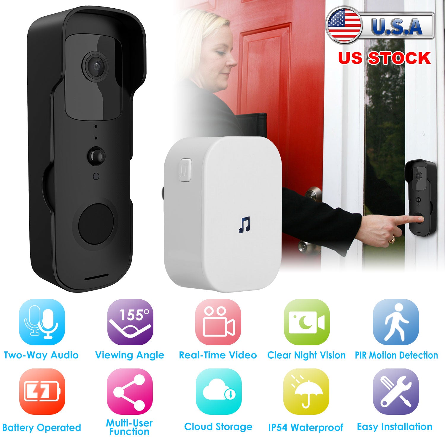 Wireless Smart Wi-Fi Video Doorbell Security Phone Doorbell Intercom Camera Two Way Audio Night Vision 1080P Motion Detection Battery Operated