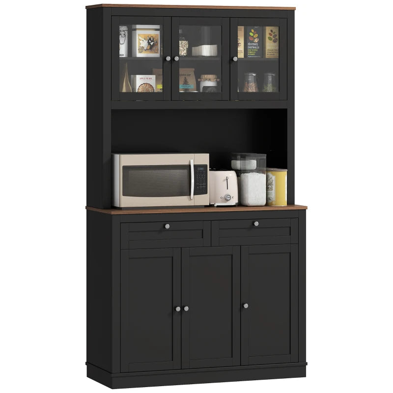 71" Pantry Cabinet with Microwave Space, Buffet with Hutch, 2 Drawers, Adjustable Shelves and Glass Doors, Black
