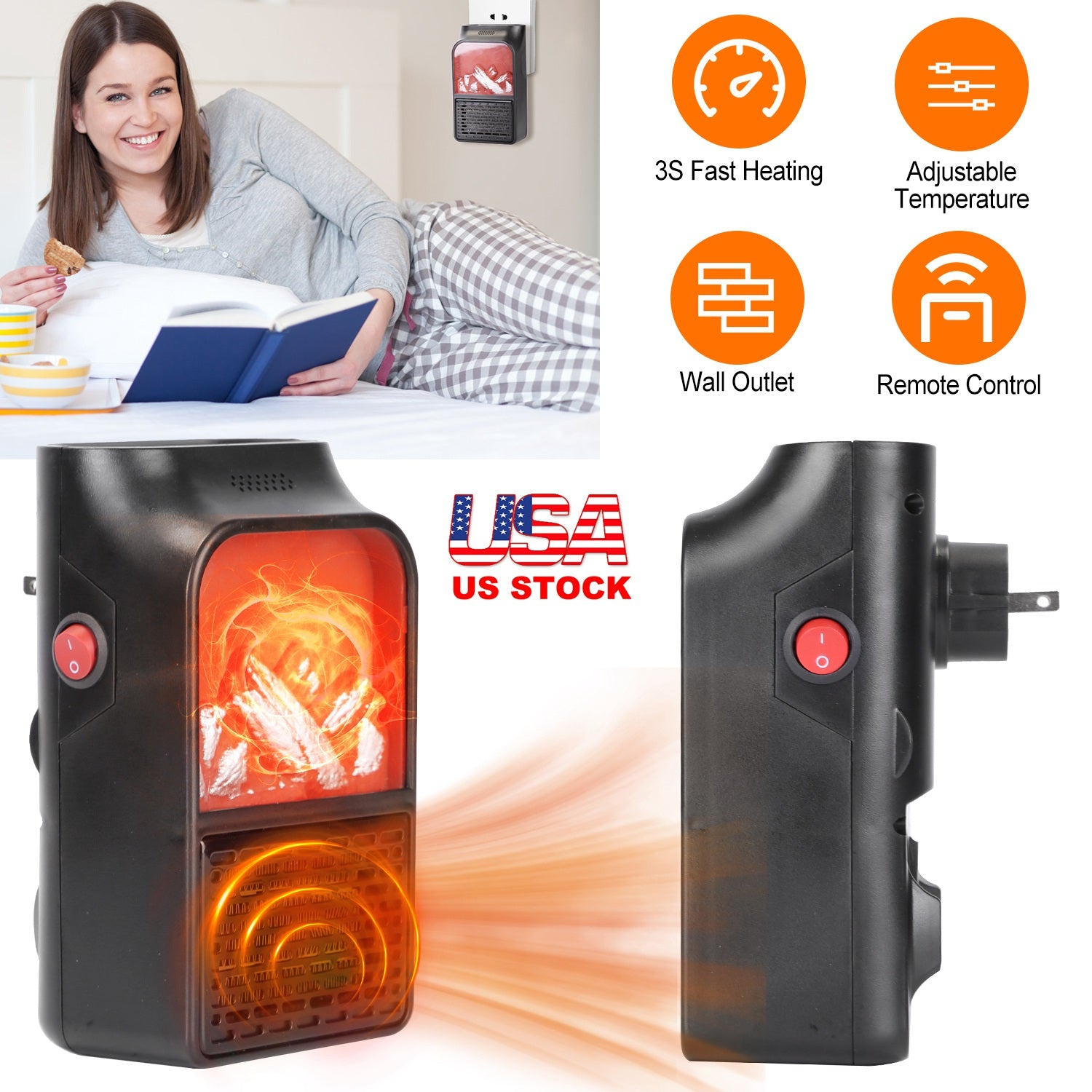 800W Plug-In Space Heater Wall Outlet Heater with 360° Rotatable Plug Adjustable Temperature 2 Wind Speeds Remote Control 