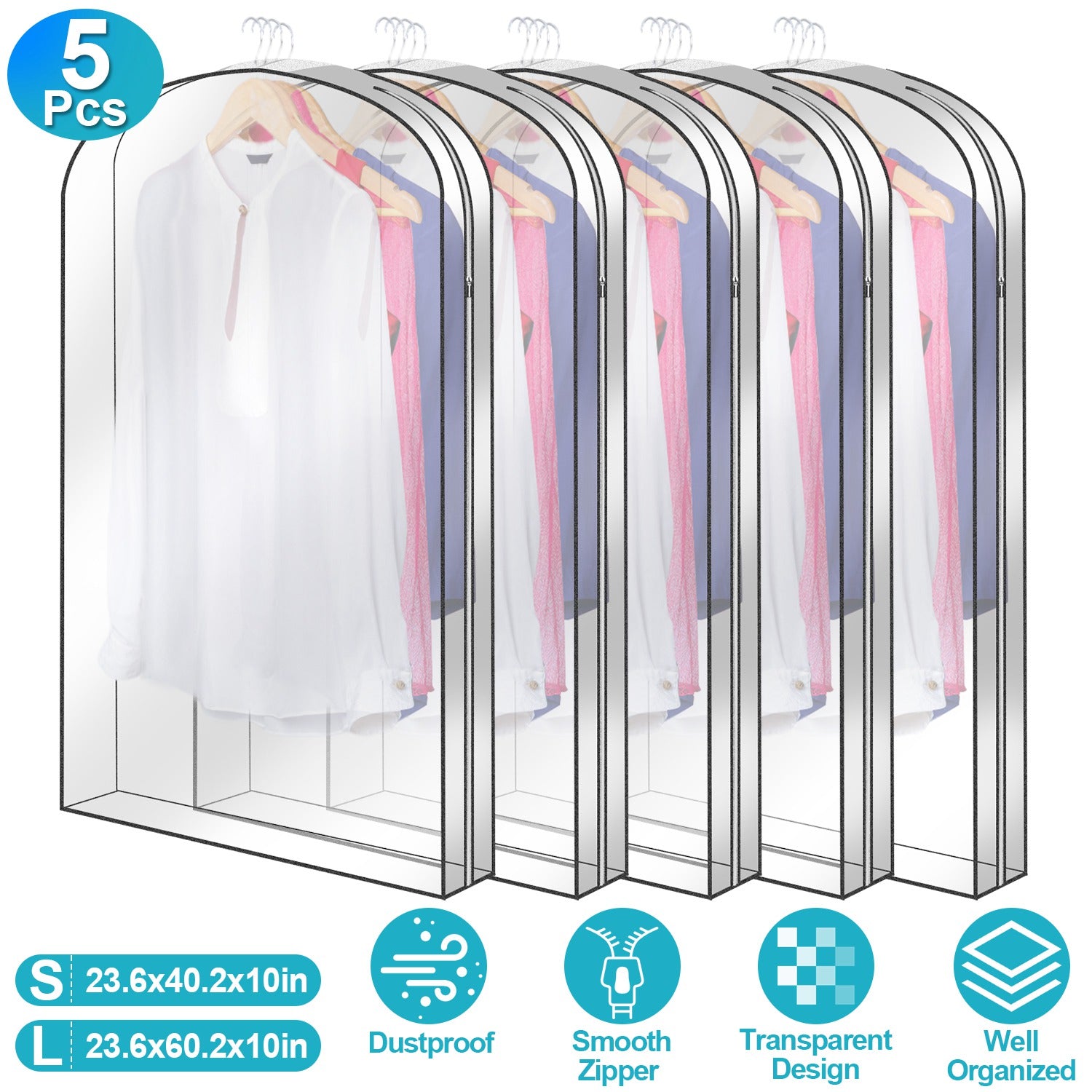 5 Pack 40In Garment Bag for Hanging Clothes Dustproof Waterproof Hanging Clothes Storage Bag Clear Transparent Suits Cover for Sweater Jacket Coat Dre 