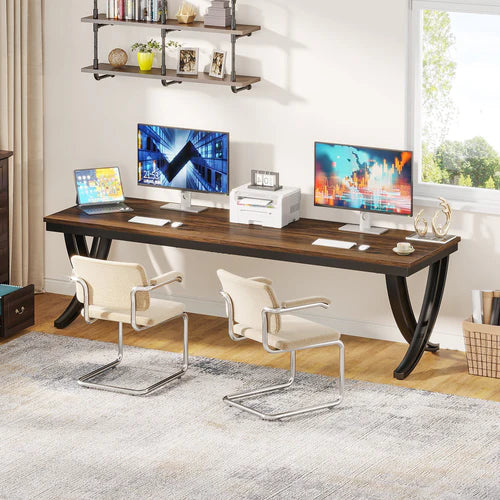 2 Person Desk 78.74" Industrial Double Computer Desk with Metal Frame Large Workstation for Office Study and Gaming Brown & Black