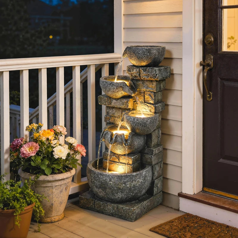 Outdoor 31.5" Tall Water Fountain with LED Lights, 5 Tiers Cascading Water Feature for Garden Patio Home Decor, Grey