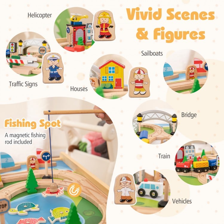 78 Pieces Wooden Train Set Activity Railway Playset for Kids Aged 18M+
