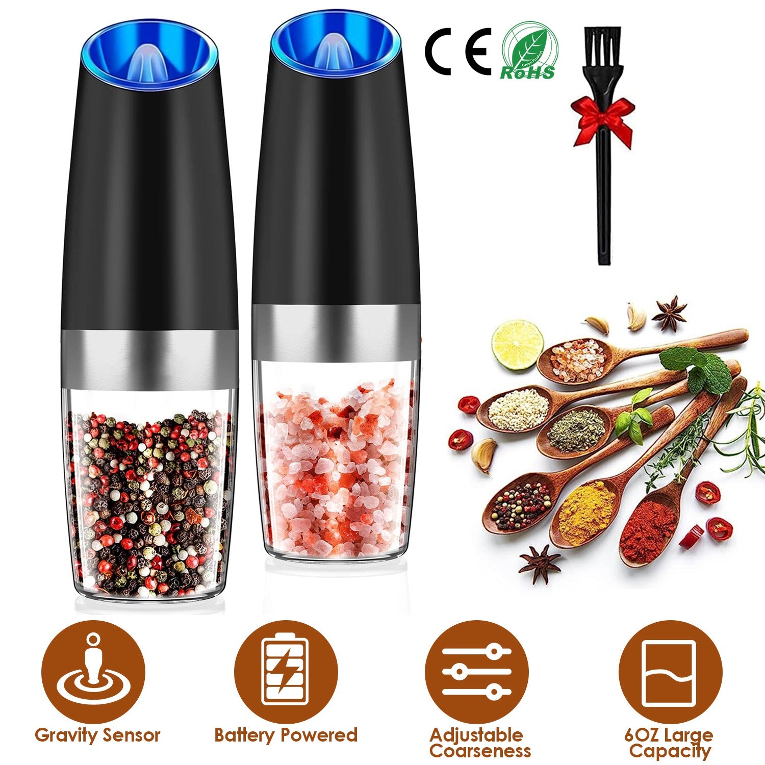 2Pcs Gravity Sensing Salt and Pepper Grinder Automatic Electric Salt Mill Grinder With Built-in LED Lights Adjustable Coarseness One Hand Operation Ba 