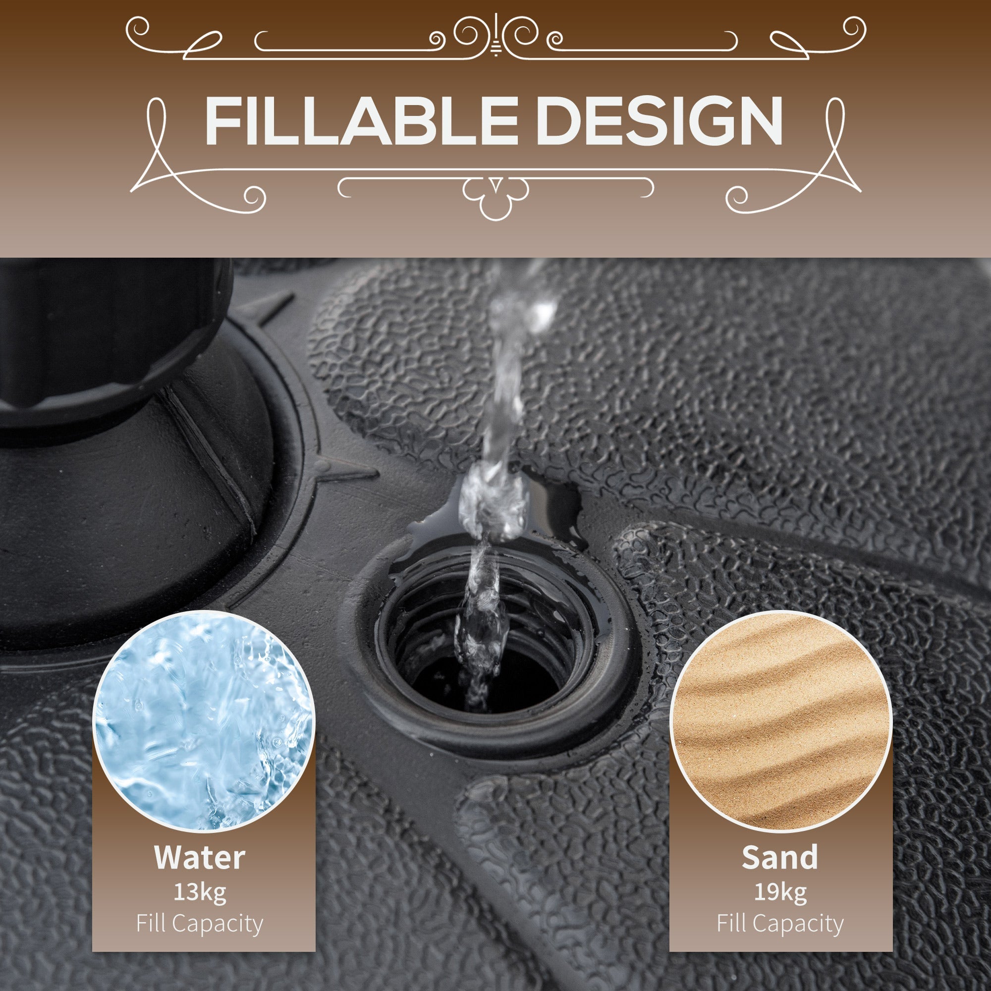 Outsunny Patio Umbrella Base, Round Umbrella Stand, Water or Sand Filled, Garden Umbrella Holder for 1.26", 1.5" Poles, Black 