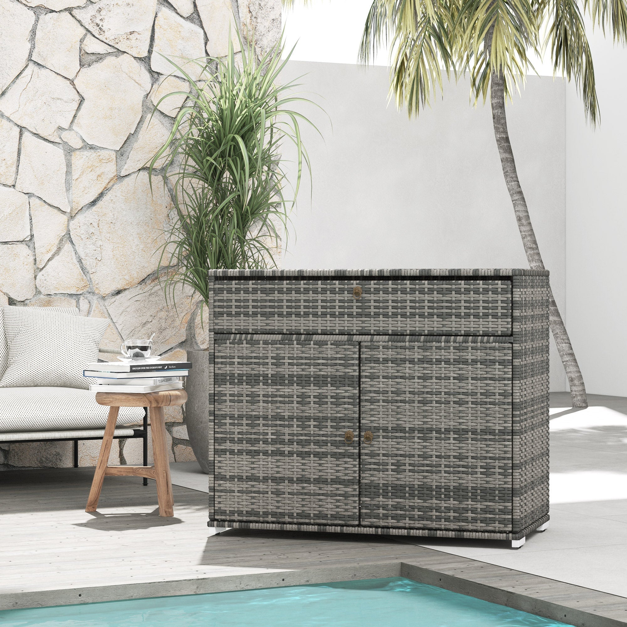 Outsunny Outdoor Storage Cabinet, Wicker 2-Door Pool Towel Storage Cabinet with Drawer, PE Rattan Pool Organizer, Grey 