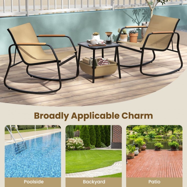 3 Piece Rocking Bistro Chairs and Side Table Set with Storage Bag-Brown