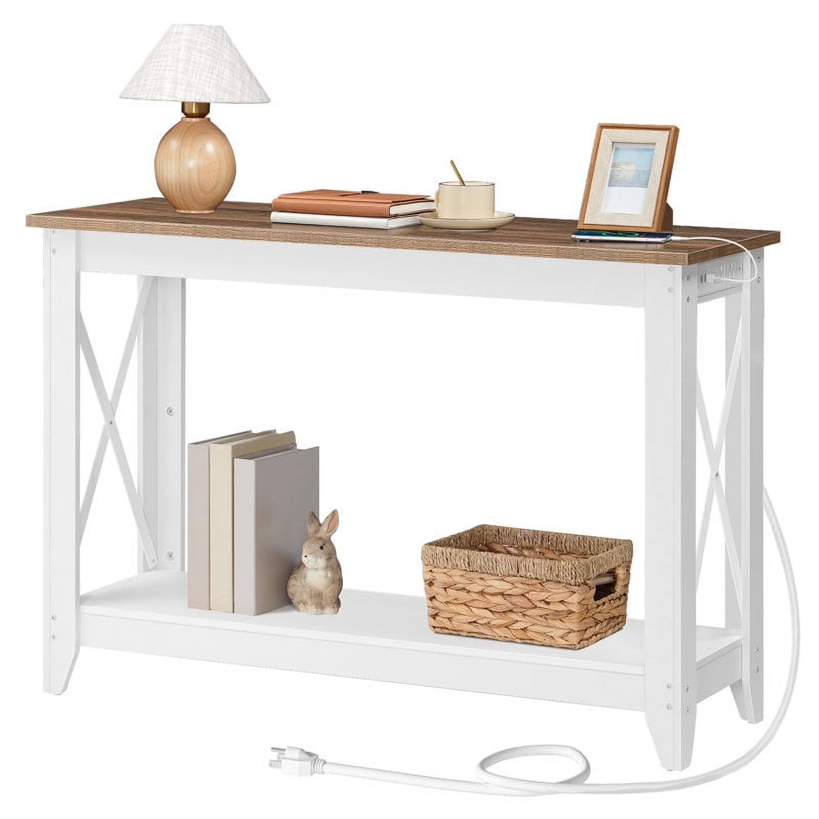 HOOBRO 47.2" Console Table with Charging Station, Farmhouse Entryway Sofa Table with Storage Shelf, Oak Brown & Antique White