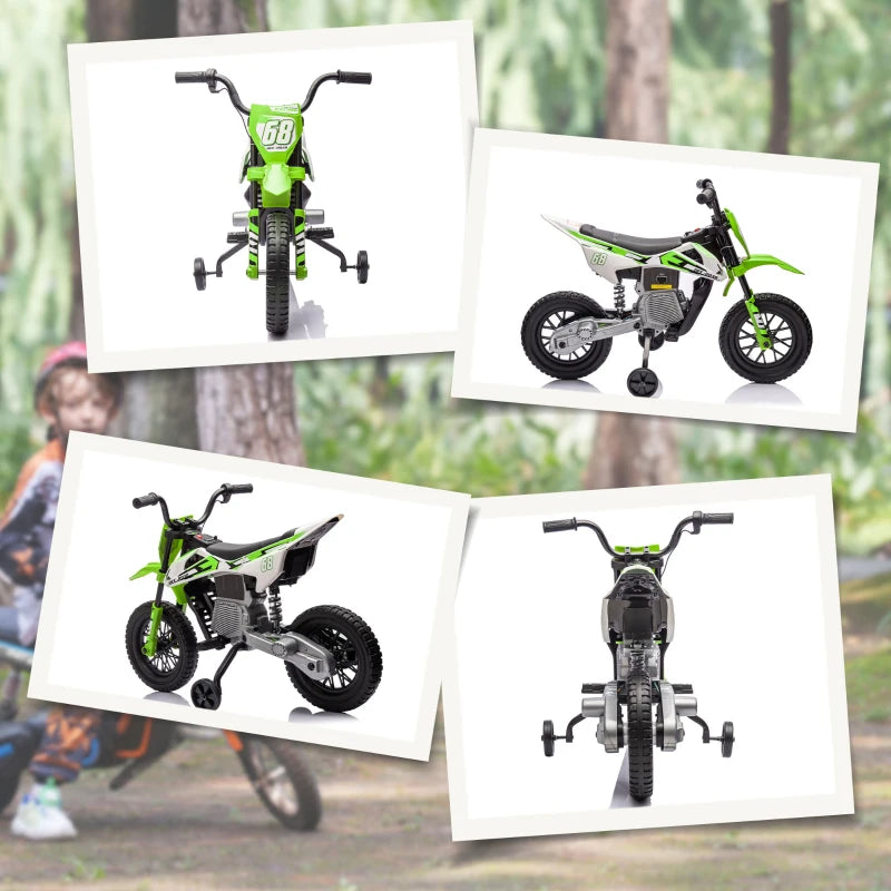 Qaba 12V Kids Dirt Bike, Electric Motorcycle with Twist Grip Throttle, Training Wheels, Rear Suspension & Music, Green