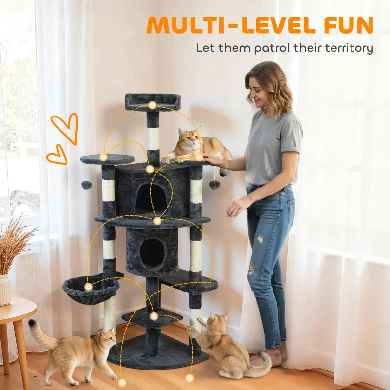 62" Cat Tree with Scratching Post, 2 Condos, Hammock, Perches, Plush, Pompoms, for Indoor Cats, Dark Grey