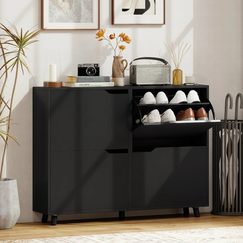 Narrow Shoe Cabinet, Shoe Storage Cabinet with 4 Flip Drawers and Adjustable Shelves for 16 Pairs of Shoes, Black