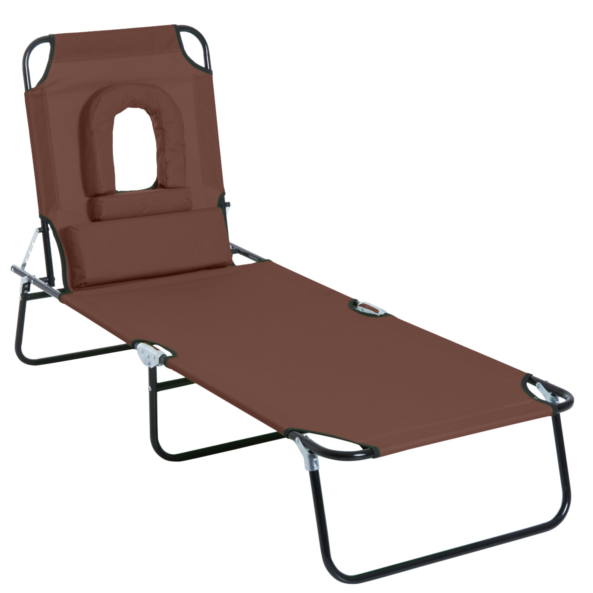 Outsunny Sun Lounger with Reading Hole, Adjustable, Foldable, for Beach & Camping, Outdoor Recliner - Brown 