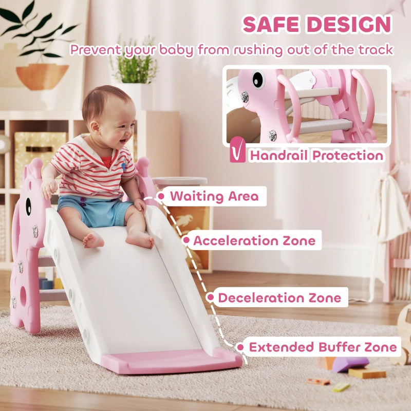 Qaba 3 in 1 Toddler Slide for Age 1-3, Kids Slide with Climber, Basketball Hoop and Ball, Giraffe Design, Pink