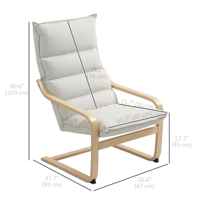 Birch Wood Fabric Modern Armchair, Accent Chair with Curved Leg and Arm for Living Room, Cream White