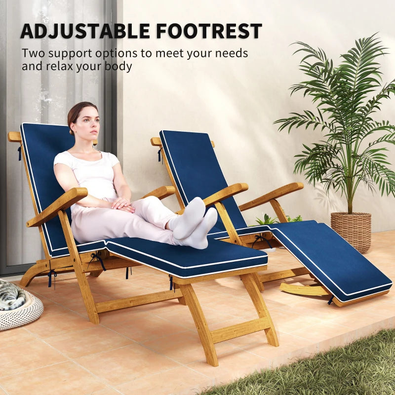 Folding Patio Lounge Chair with Padded Cushion, Acacia Wood Patio Lounger Recliner with Footrest for Garden, Navy Blue