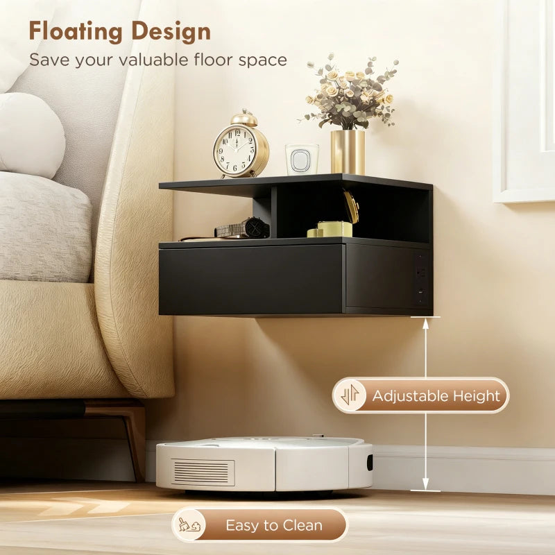 HOMCOM Floating Nightstand Set of 2 with Charging Station, Wall Mounted Bedside Tables with Drawer, Open Shelf, AC Outlet, USB & USB-C Ports, White or Black