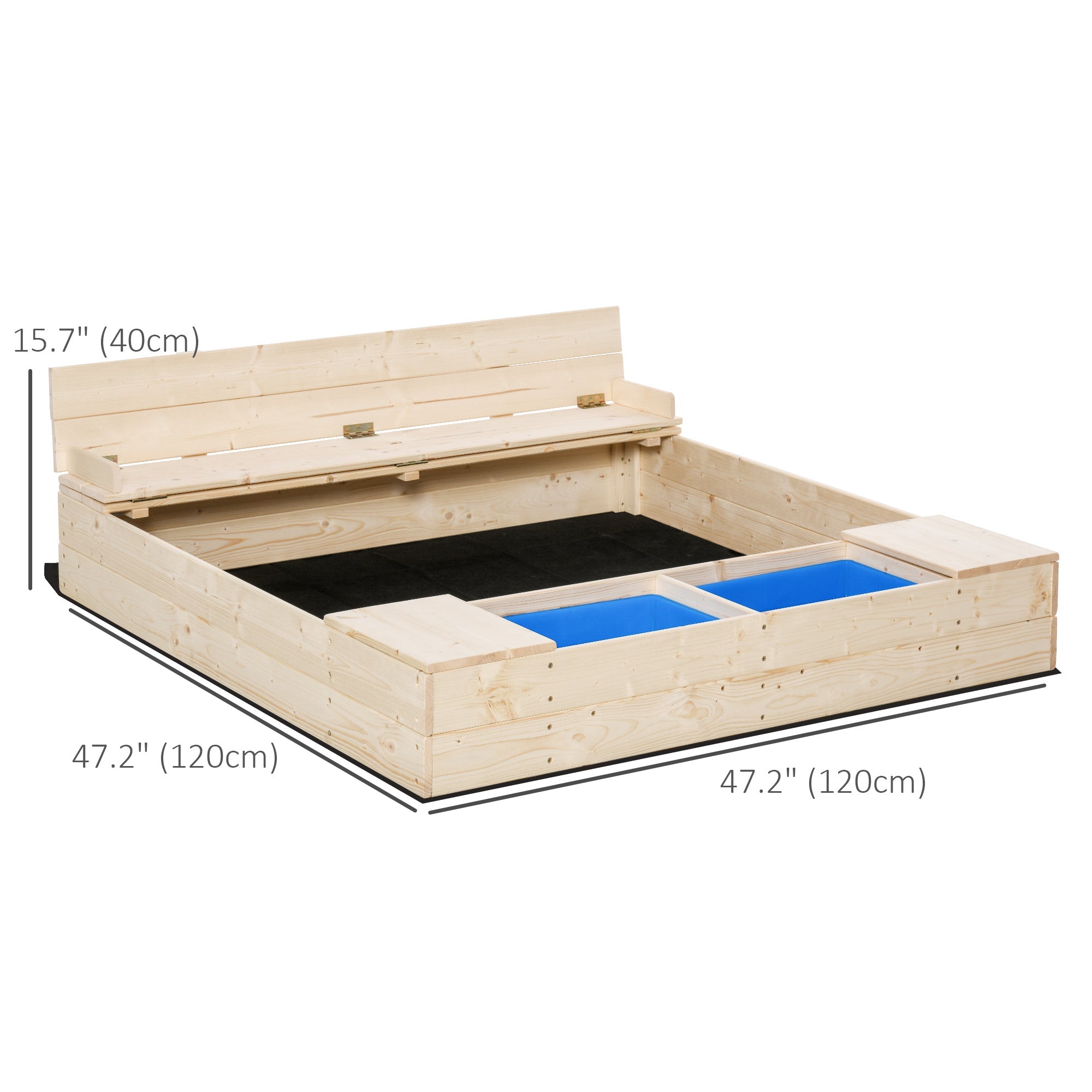 Outsunny Wooden Kids Sandbox with Foldable Bench Seat, 2 Plastic Boxes, Bottom Liner, Storage Space for Garden, Backyard 