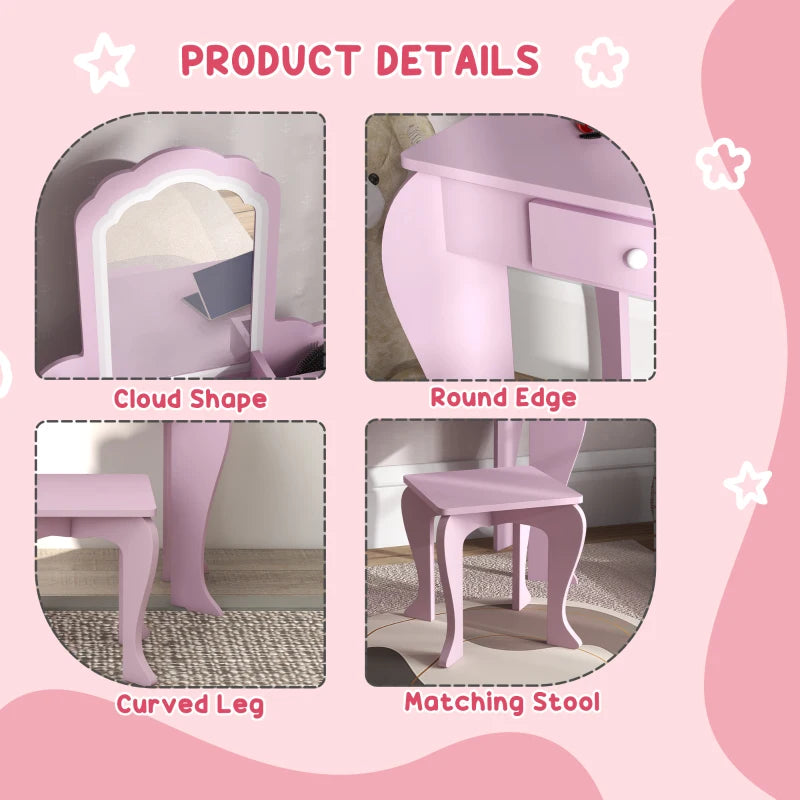 Qaba Makeup Vanity with Mirror and Stool, Cloud Design, Drawer, Storage Boxes, for 3-6 Years Old, Pink
