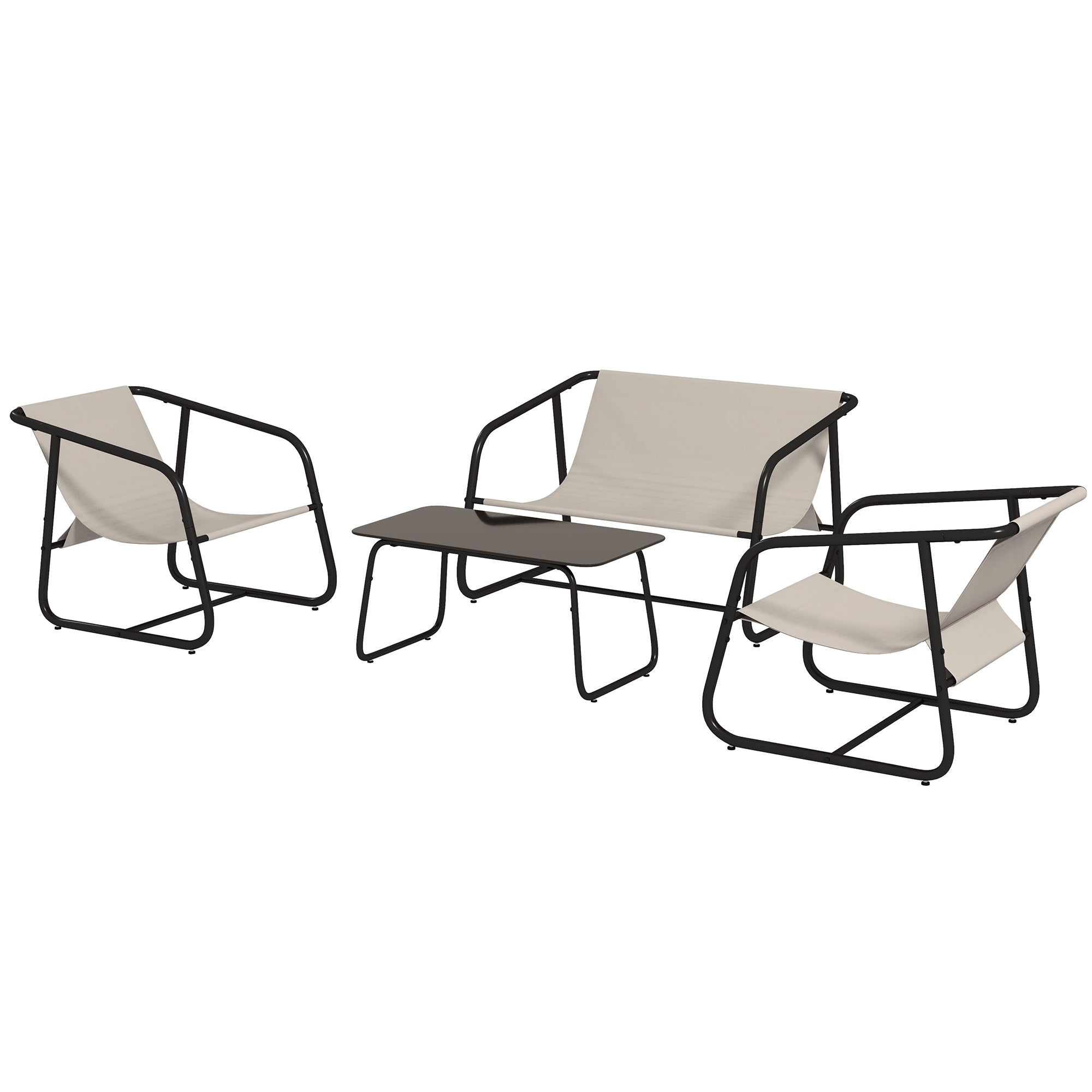 Outsunny Garden Sofa Set, 4 Piece Patio Conversation Furniture Set with Glass Table, Breathable Mesh, Cream White 