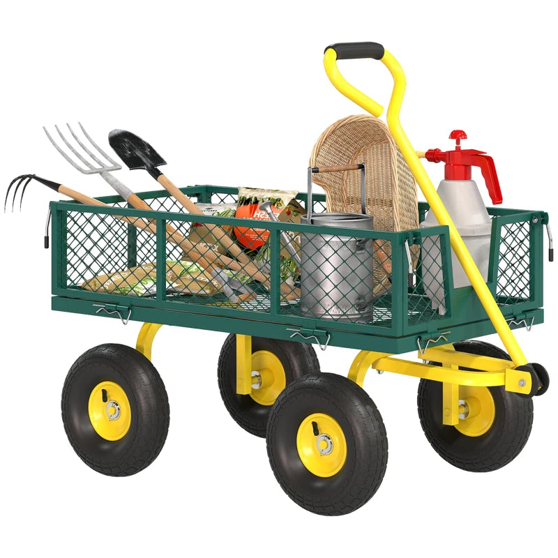 Garden Cart, Utility Wagon Cart with Removable Sides, Convert into Flatbed, 10" Wheels, 180° Rotating Handle, Green