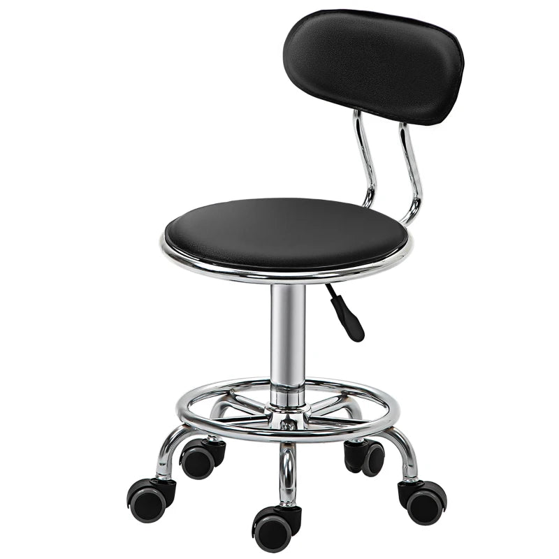 Faux Leather Salon Stool, Height Adjustable Rolling Stool with Footrest Ring, Back and Wheels for Beauty, Tattoo, Black