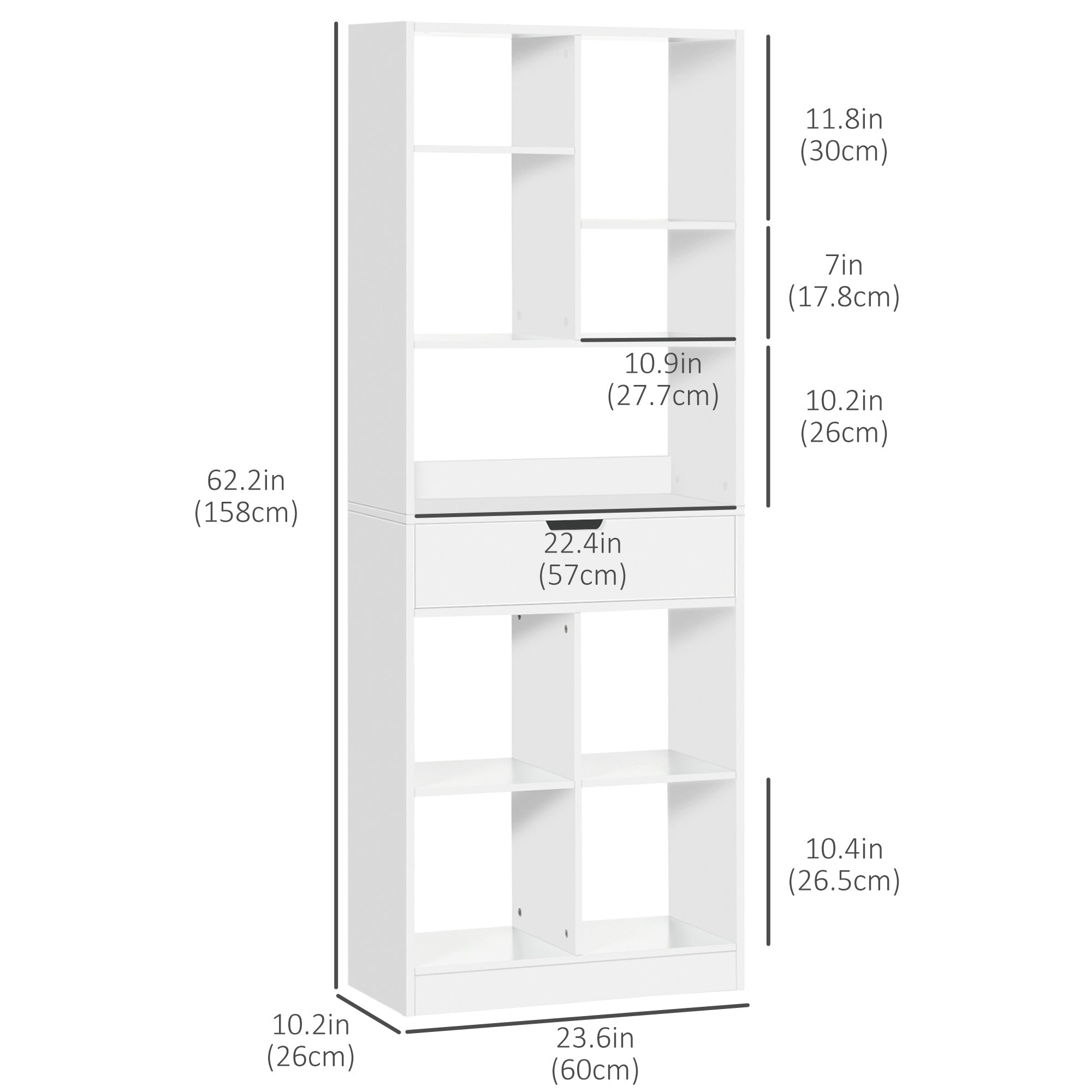 HOMCOM Freestanding Wooden Bookshelf Bookcase with Drawer, Display Shelf Storage Unit for Home Office, White Finish 
