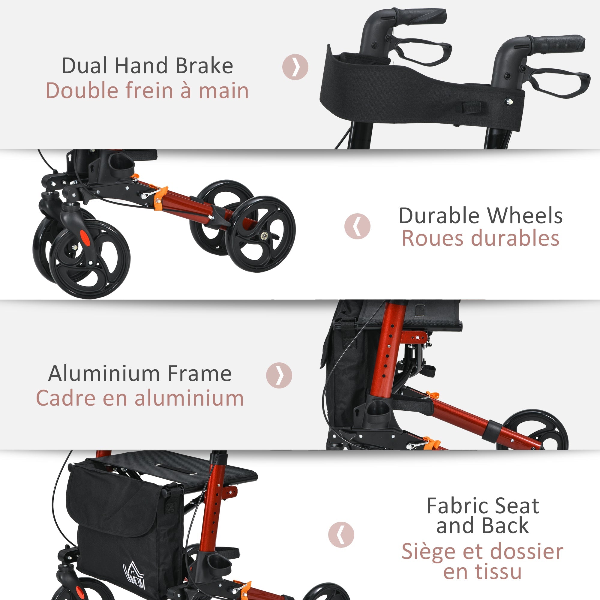 HOMCOM Rollator for Seniors with Seat, Back, Cane Holder, Aluminium Folding Rolling Walker with Adjustable Handle, Bag, Red 