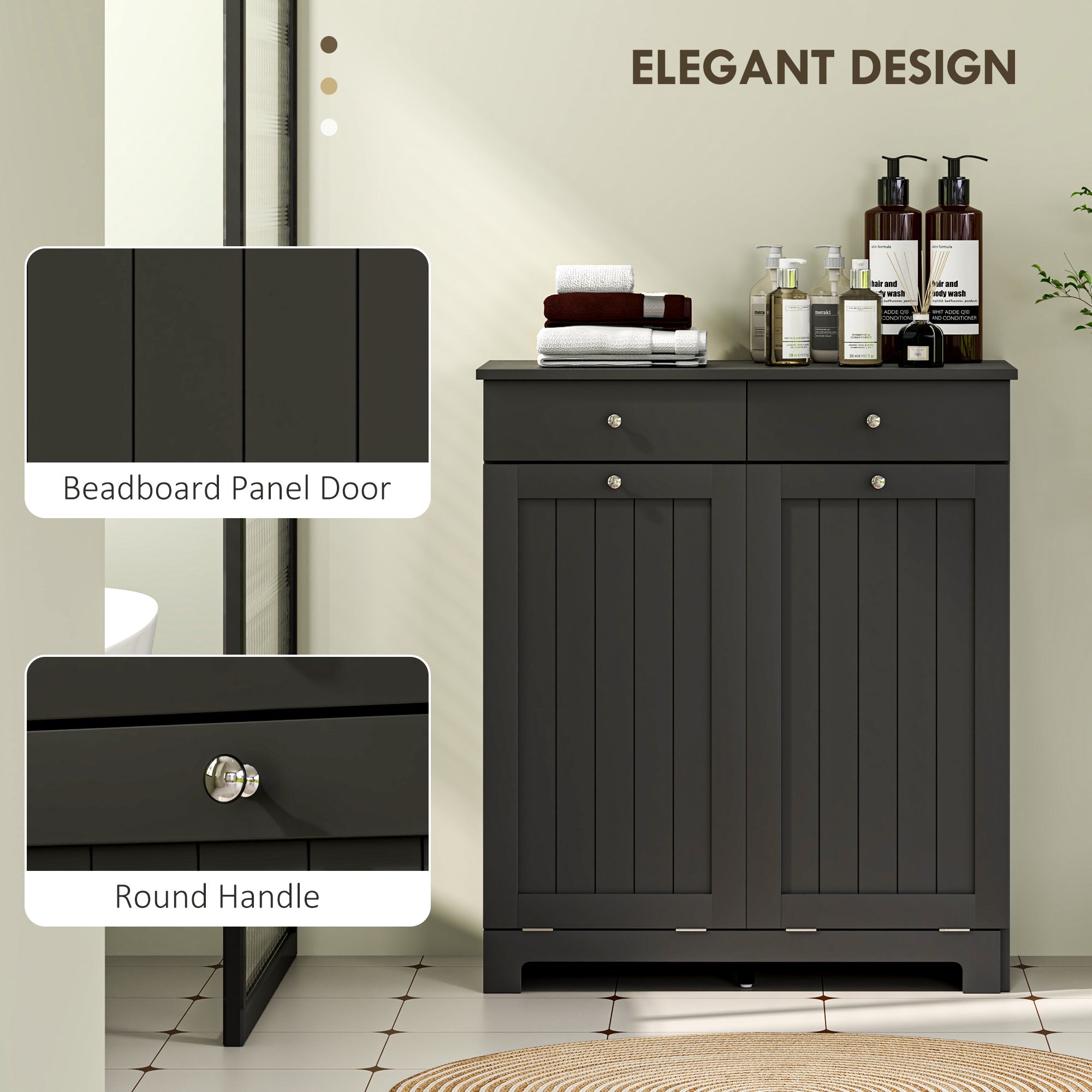 HOMCOM Laundry Cabinet, Tilt Out Laundry Hamper Cabinet with 2 Baskets, Bathroom Hamper Cabinet with 2 Drawers, Black 