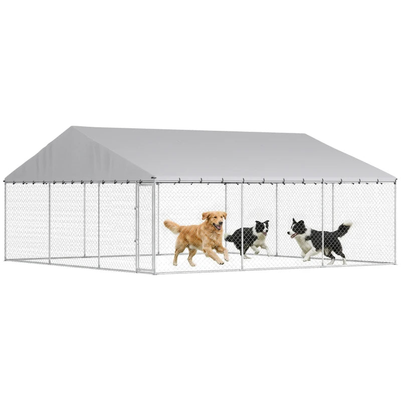 Heavy Duty Outdoor Dog Kennel with Waterproof Roof, Secure Latch, Chain Link Dog Run for Backyard, 19.7' x 19.7' x 8.9'
