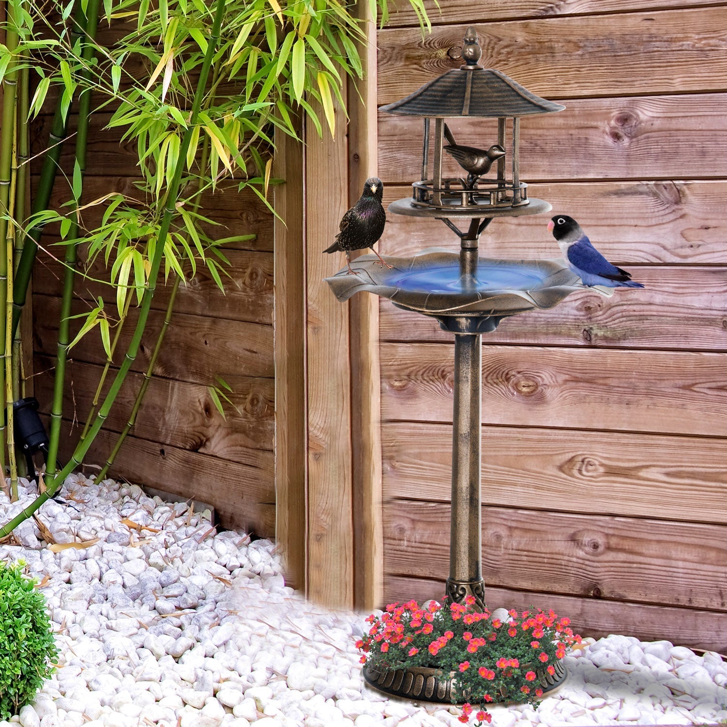 Outsunny Garden Bird Bath Pedestal with Feeder Water Basin Flower Planter 3-in-1 