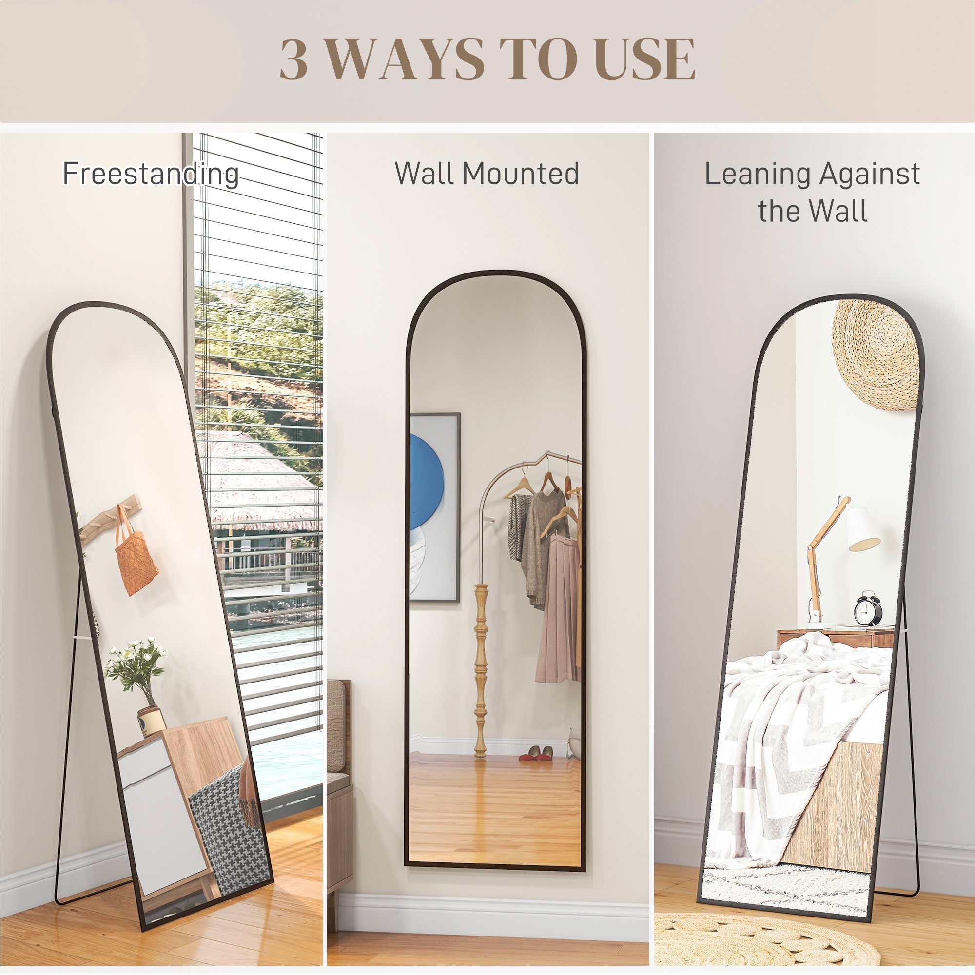 HOMCOM Elegant Arched Standing Mirror 64"x20" Full-Length Versatile Free Standing or Wall Mounted Living Room & Bedroom Black 