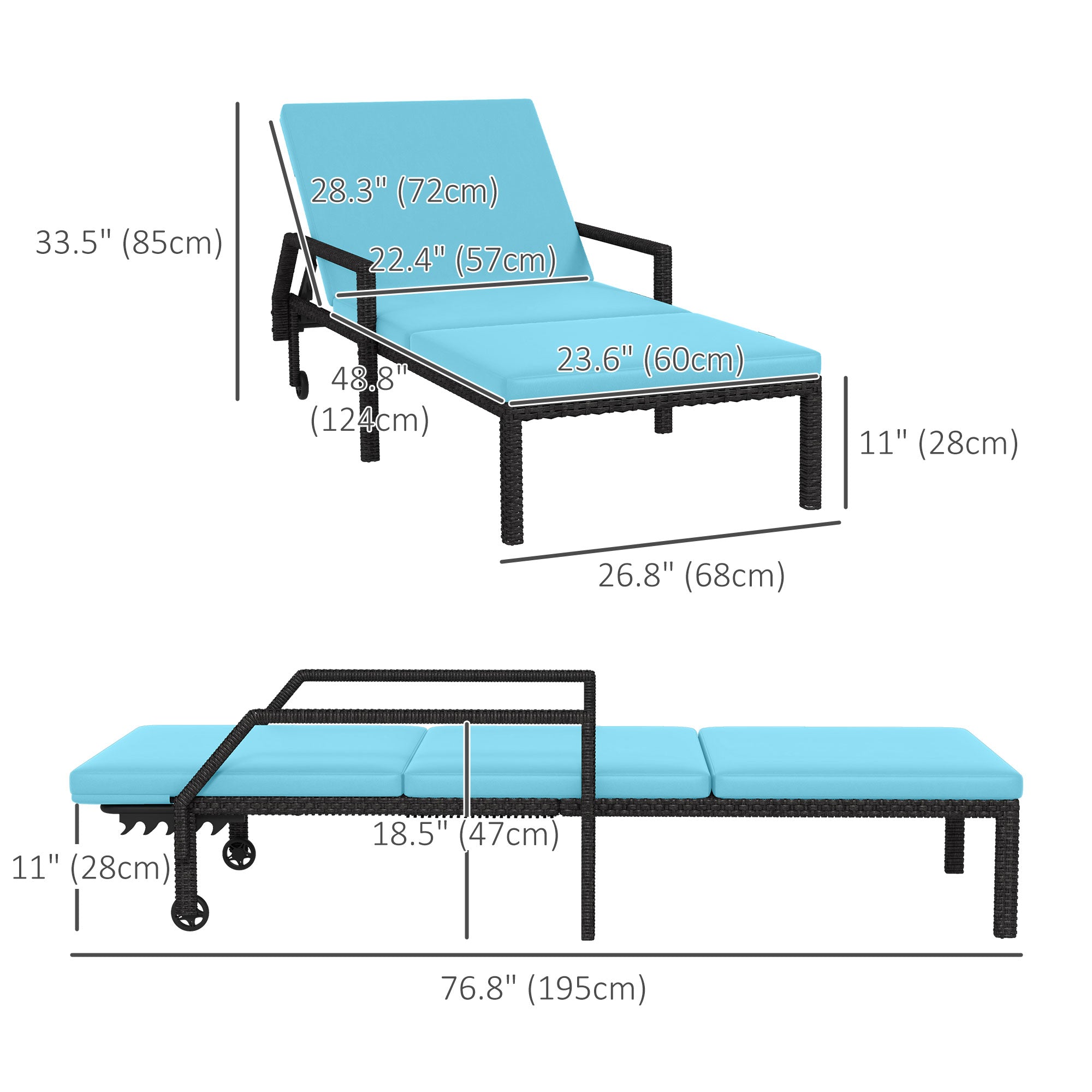Outsunny 2 PCS PE Rattan Lounge Chairs Outdoor with Adjustable Backrest Wheels Steel Frame Recliner Sky Blue 