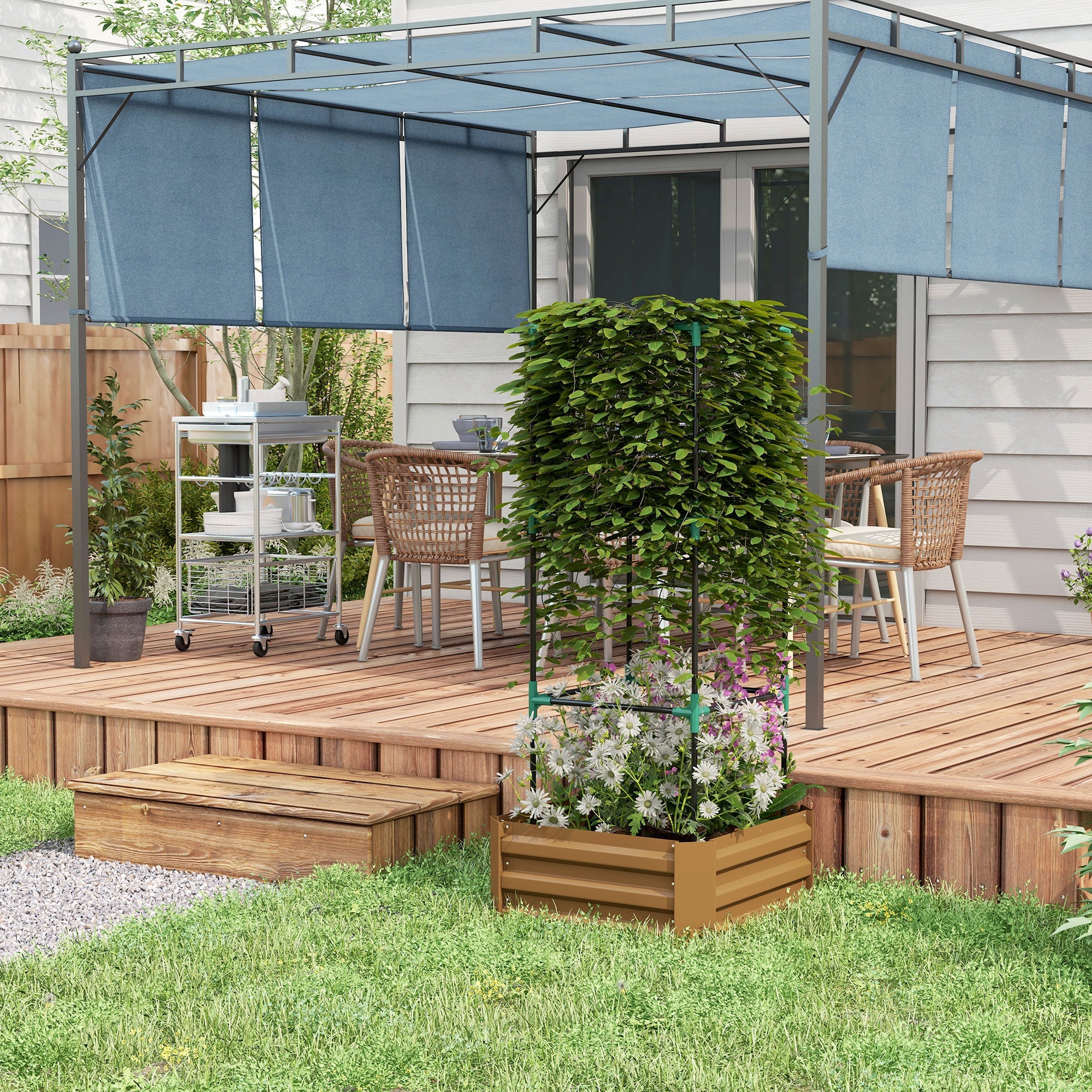 Outsunny Durable Galvanized Planter Box with 3-Tier Trellis for Climbing Plants Outdoor Raised Garden Bed Brown 