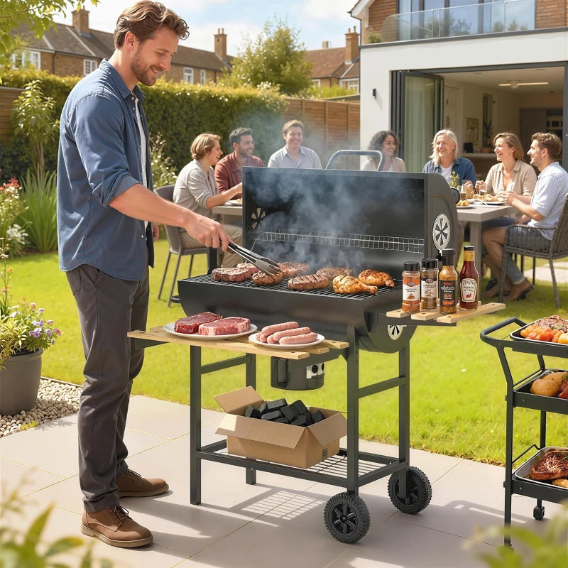Charcoal BBQ Grill with Foldable Shelves, Barbecue Grill with Warming Rack, Thermometer, Wheels, Natural Wood and Black