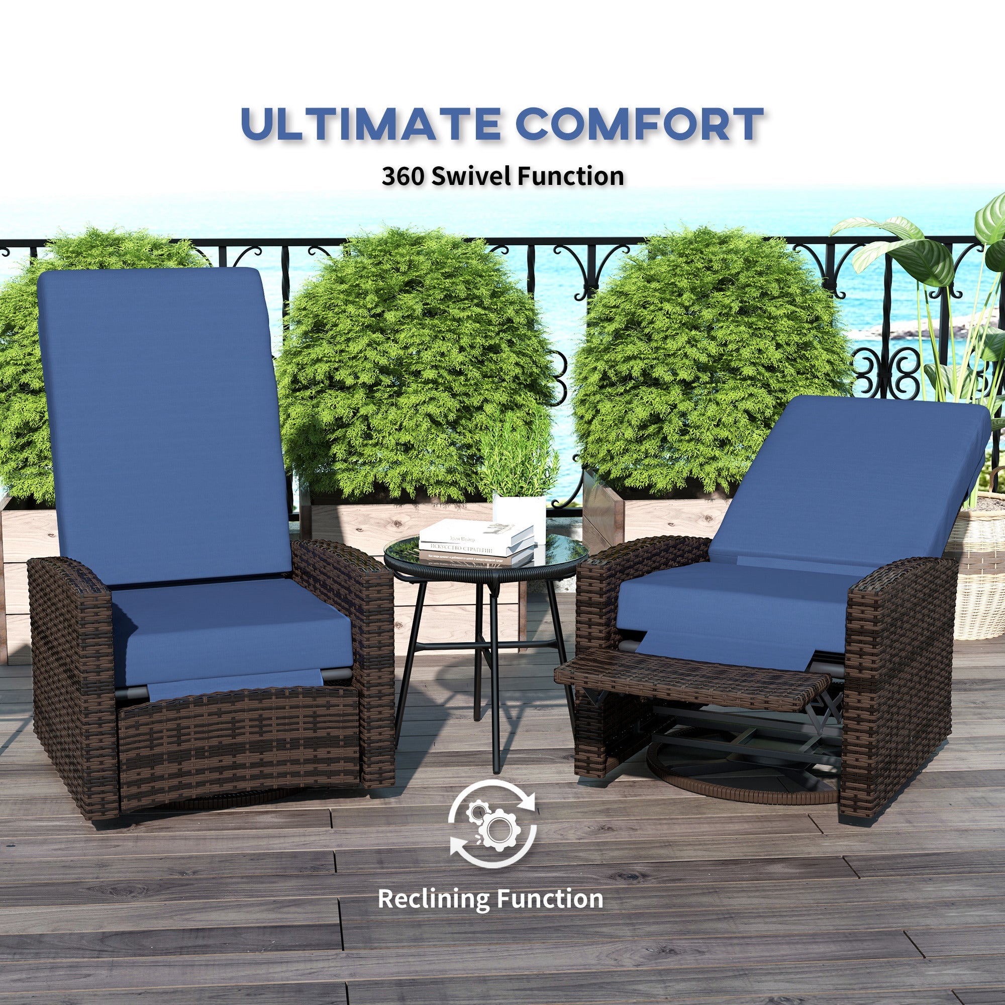 Outsunny Outdoor Rattan Wicker Lounge Chair with Footrest & Soft Cushion for Patio, Garden, Backyard, Dark Blue 